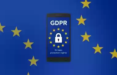 GDPR EU data protection concept with padlock icon on a smartphone against EU flag background
