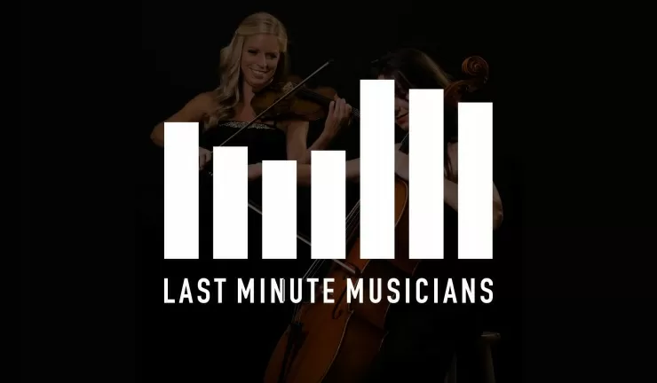 Last Minute Musicians logo with musicians performing in the background