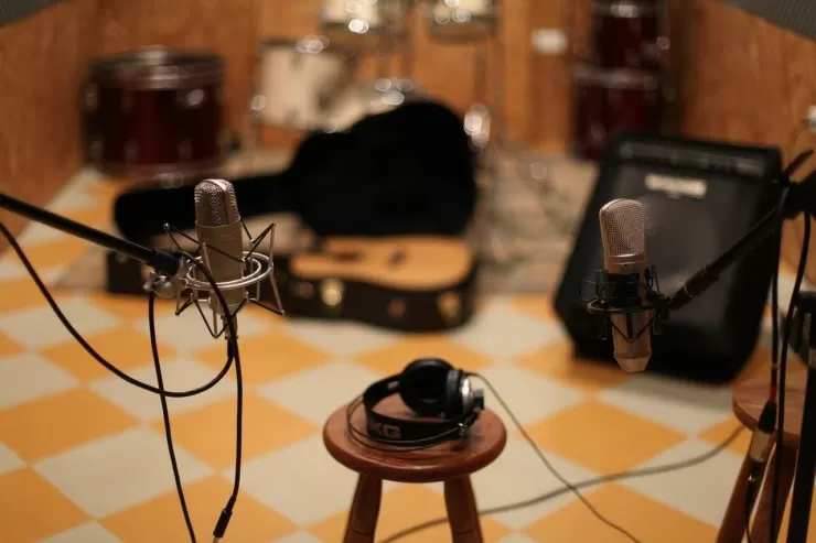 Close-up of a condenser microphone in a recording studio
