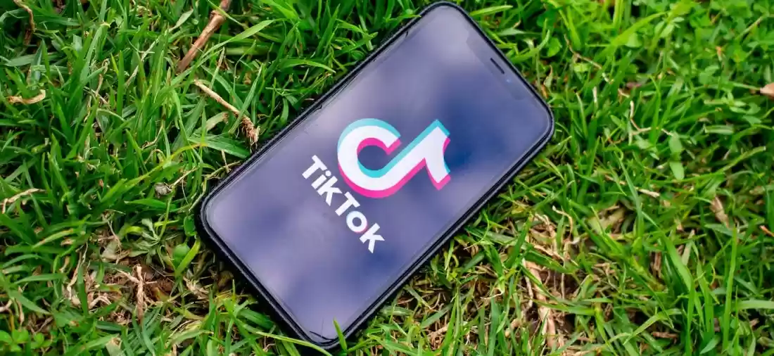 Smartphone showing TikTok app logo on grass