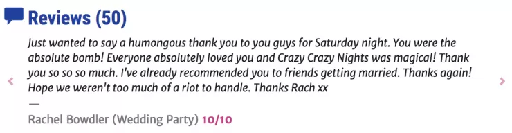 Screenshot of a positive client review with a 10 out of 10 rating