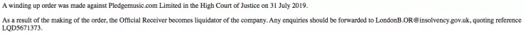PledgeMusic winding up order notice