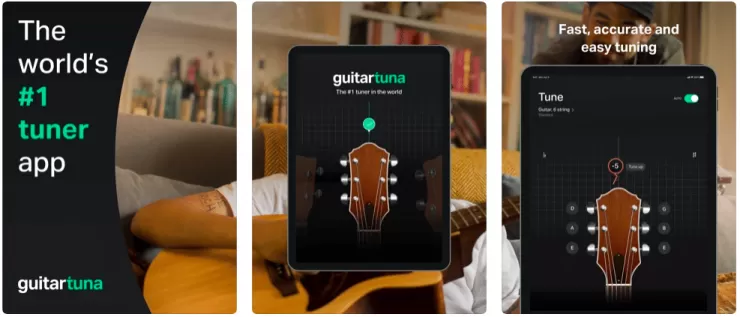 GuitarTuna app screenshots showing guitar tuner interface