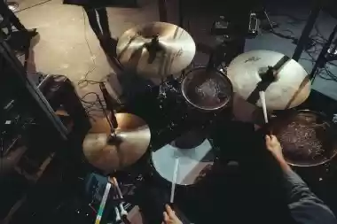Overhead view of a drum kit on stage