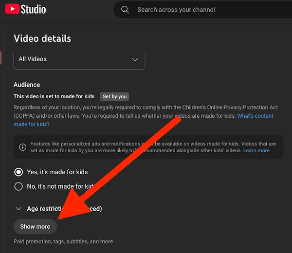 The Show more button at the bottom of the YouTube video details page
