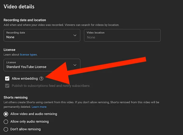The Allow embedding checkbox in the YouTube video details page